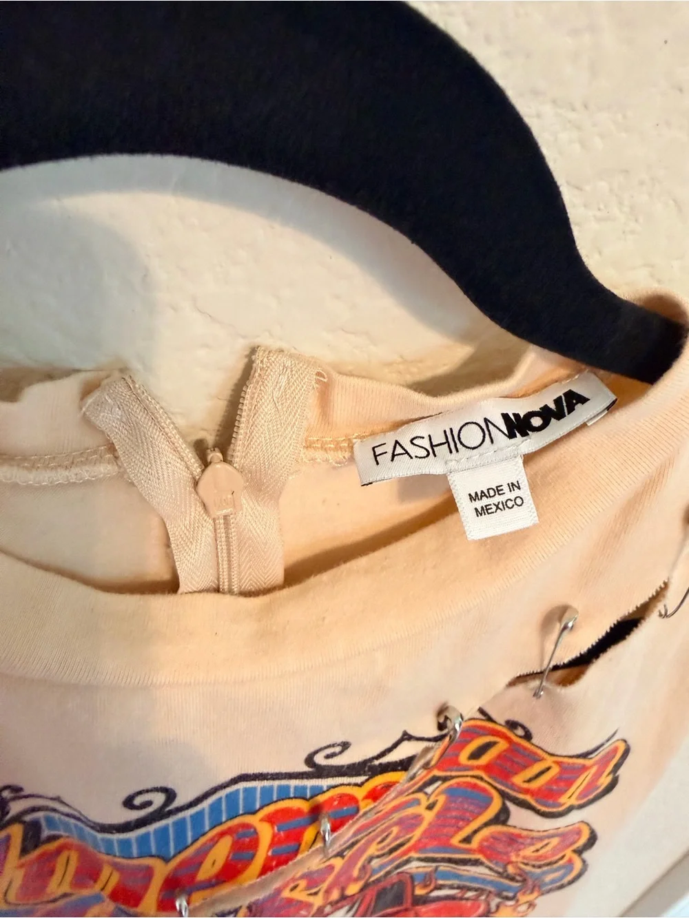 Fashion Nova Cream Graphic Muscle Car Romper with Blue & Red Print